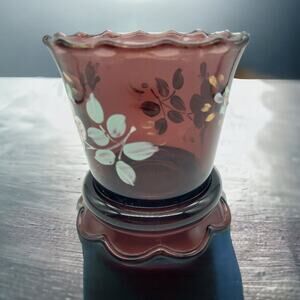 Vintage Amethyst Glass Vase 4” Hand Painted Floral Gold Trim Wear